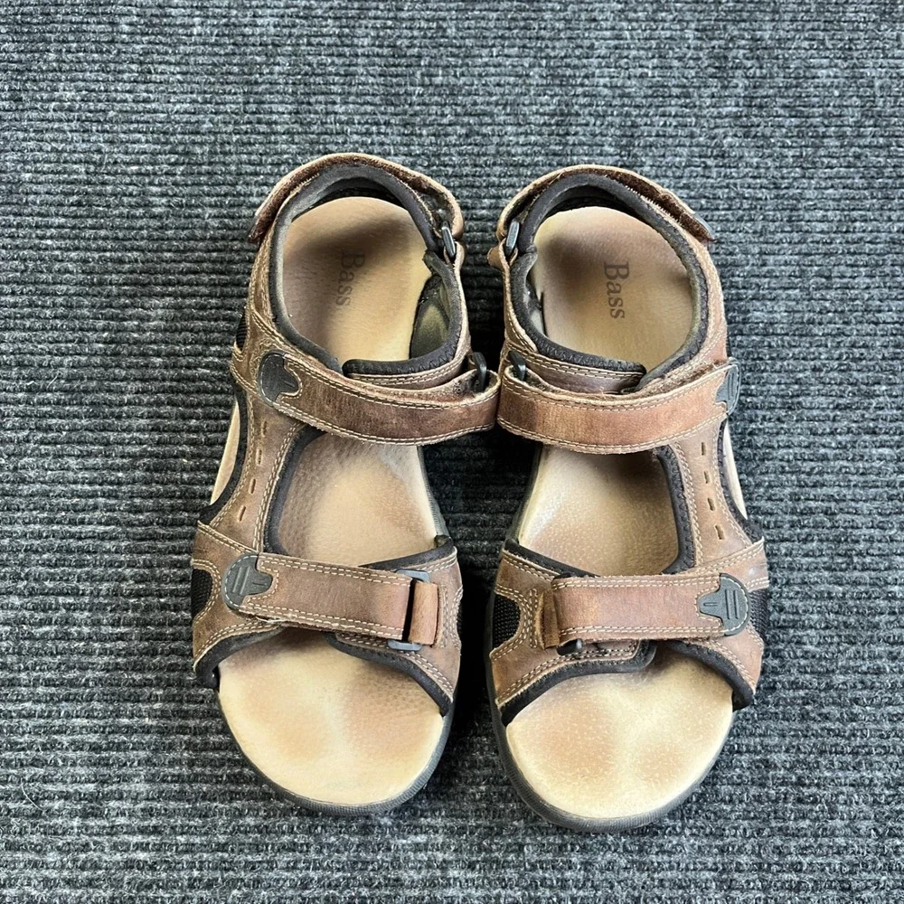Bass Muskie Sport Sandals Mens 10 Brown Leather Adjustable Hiking Trail dad Shoe